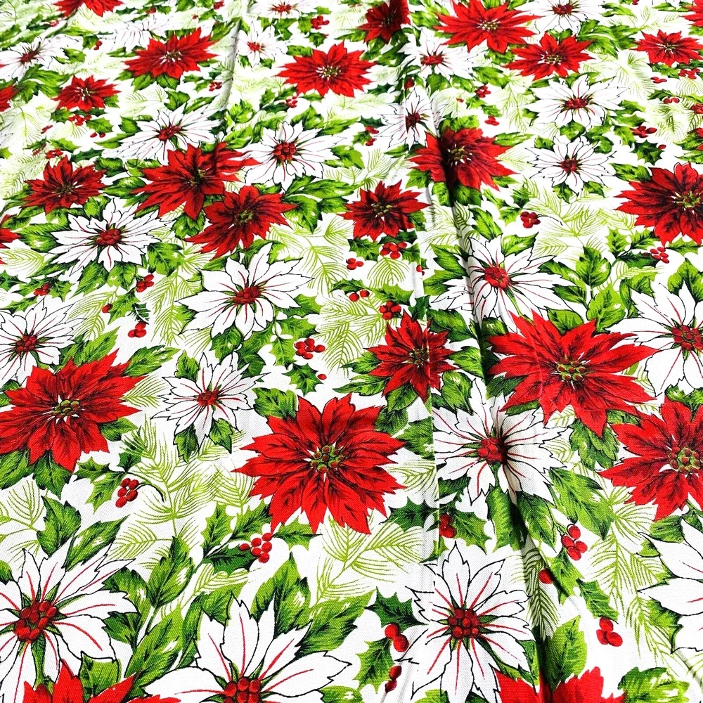 Vintage Christmas Tablecloth Cotton Blend Cloth Festive Red & White Poinsettias